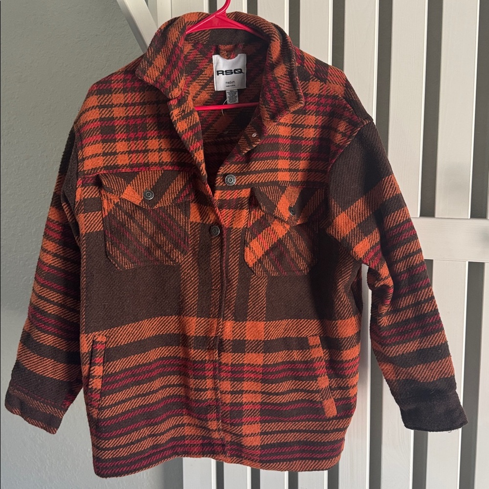 RSQ Vibrant Orange and Brown Plaid Jacket